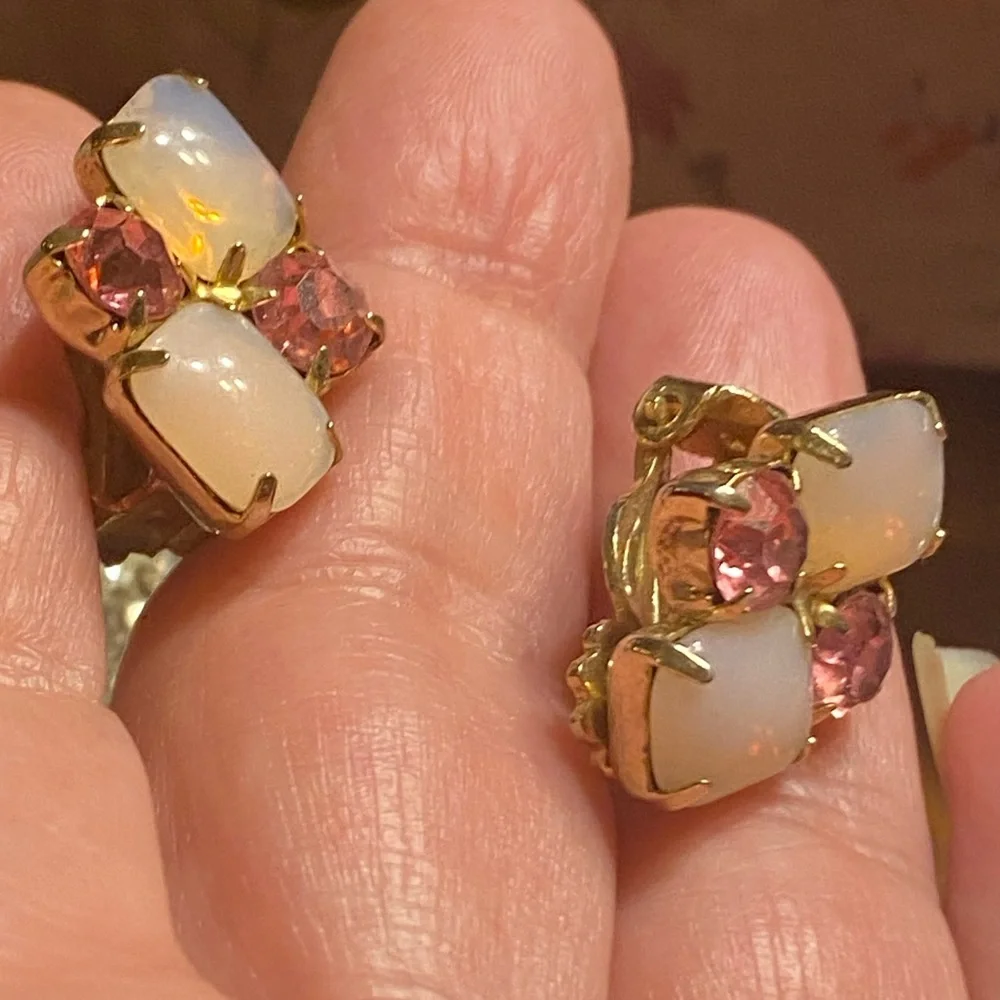 MCM clip on pink givre glass stones paired with pink faceted rhinestones